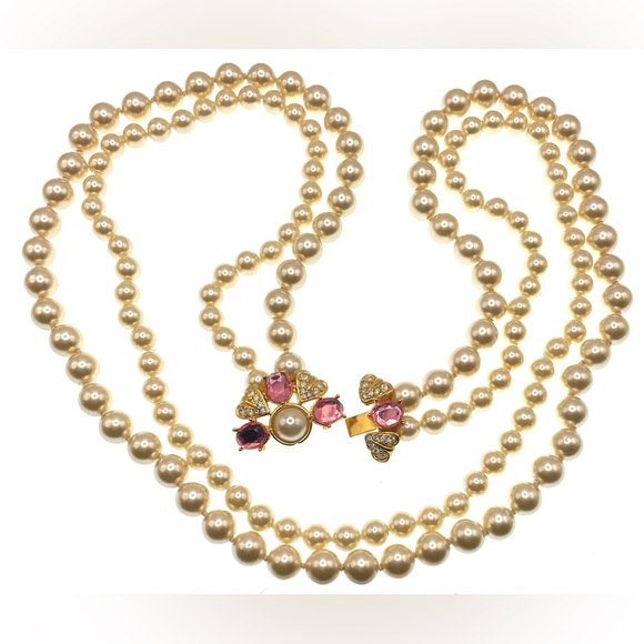 Vintage Signed Deidre Hall Long 2 Strand Faux Pearl Necklace Pink Floral Clasp - Picture 5 of 8